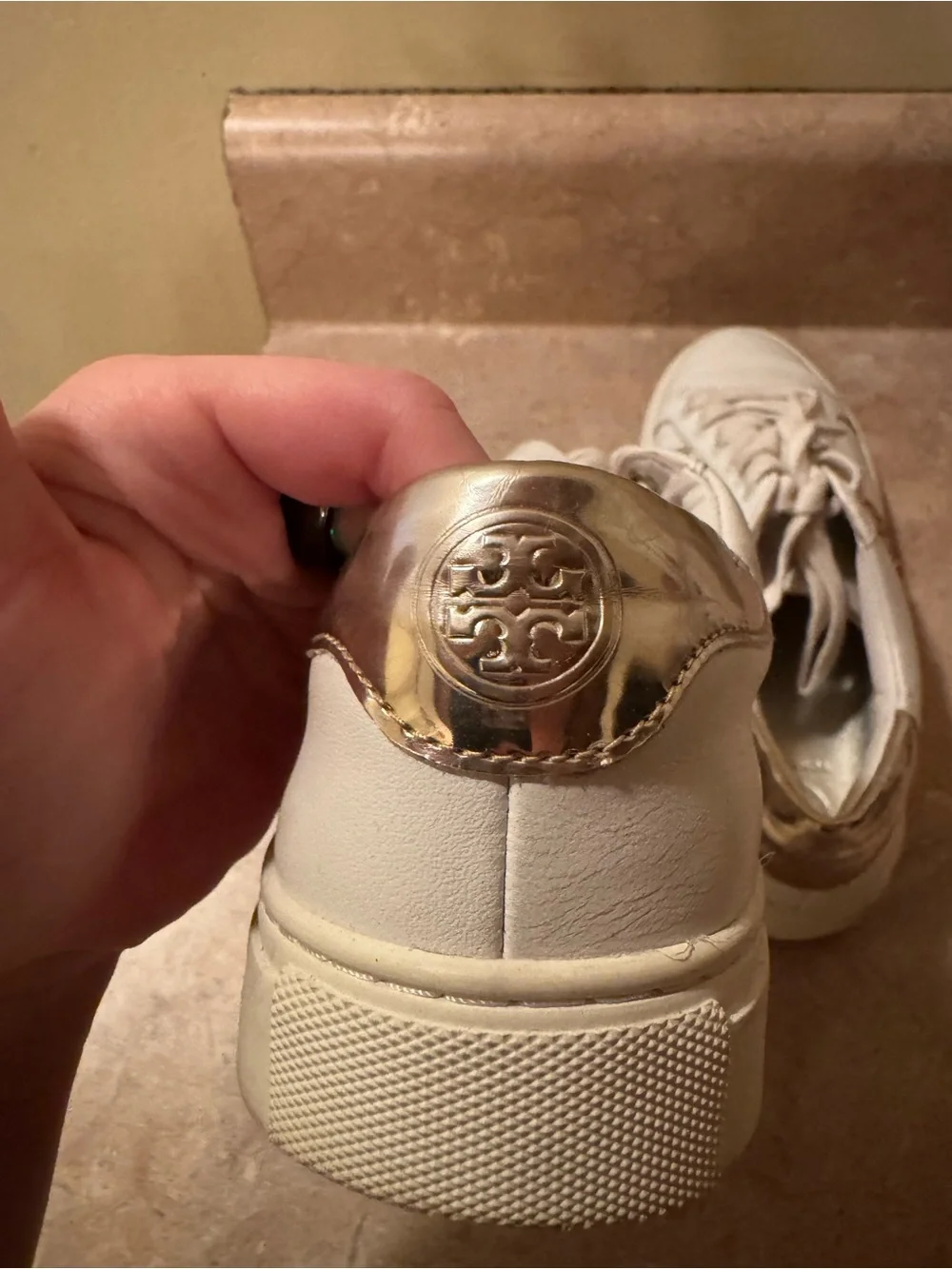 Tory Burch Carter White Leather Gold Sequin Sneakers Size 6.5